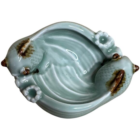 Chinese Craftsmen Art Deco Modern Sage Brown Trinket Dish Koi Carp Fishes - Picture 1 of 4